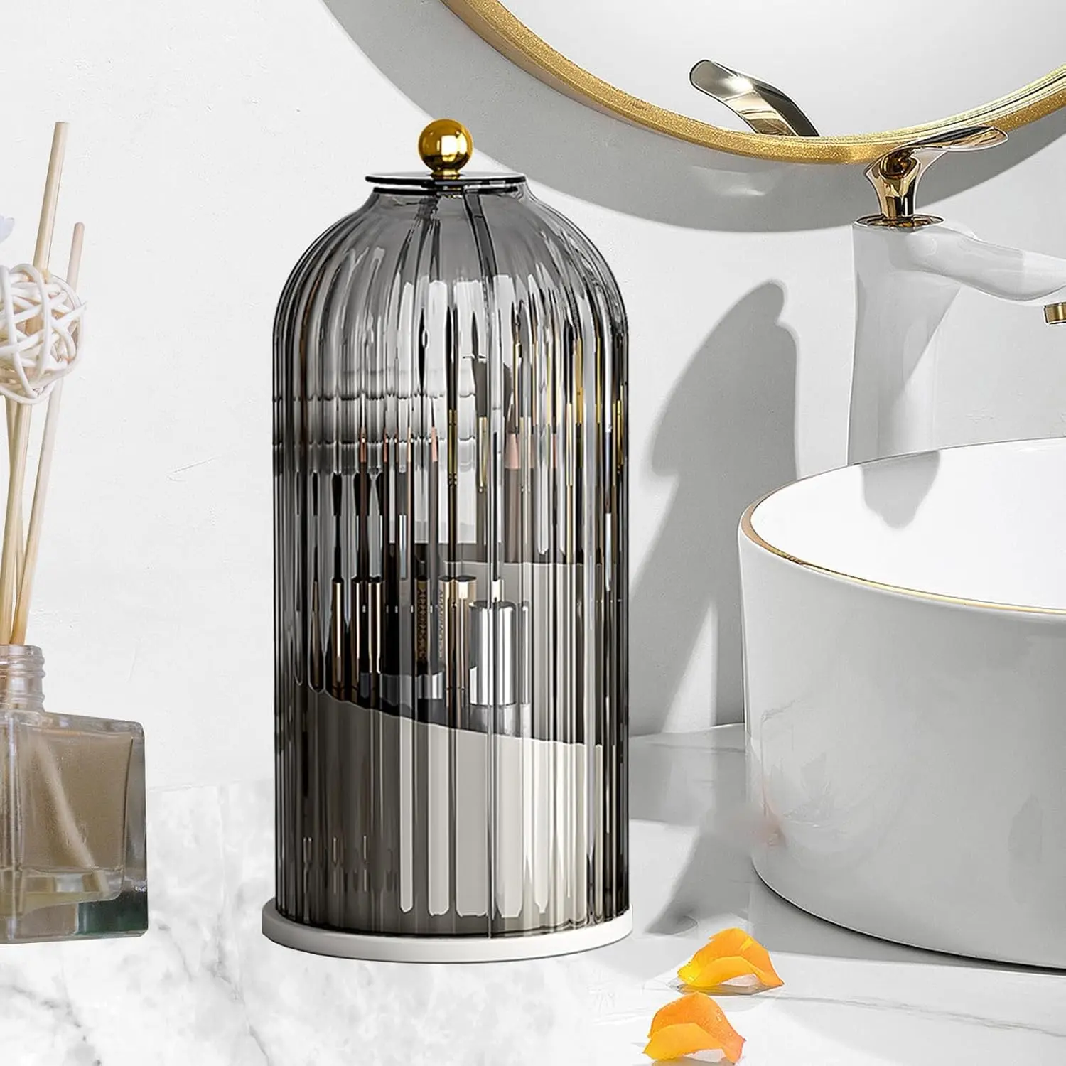 Makeup Brush Holder Organizers with Transparent Door Lid 360 Rotating Clearance Makeup for Vanity Bathroom Desktop Countertop Storage Make up Container Spinning Brush Holder Compact Acrylic