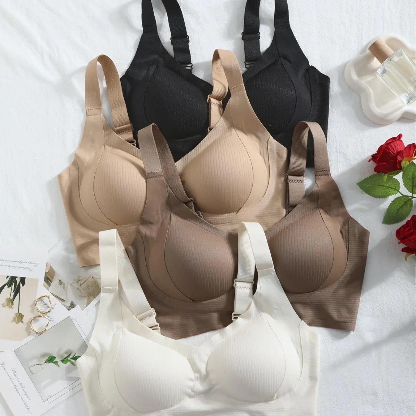Multicolored, Plus-Size Wireless V-Neck Everyday Bra, Stylish with Multiple Hooks at Back Closure, Removable Pads, Adjustable Wide Straps, Seamless Women's Comfort Bra