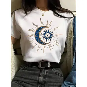 Sun Moon Print Crew Neck Casual Tee Women's Spring Summer Wear