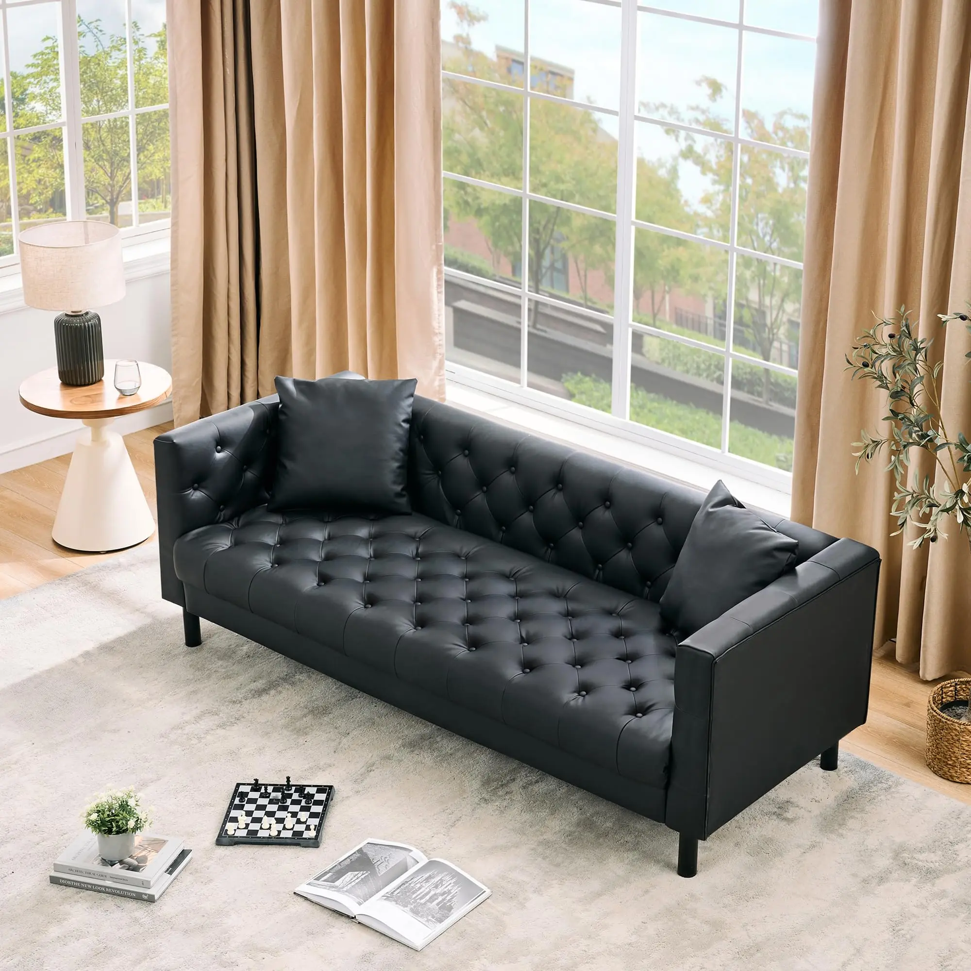 Garvee 81 Inch Mid-Century Modern Chesterfield Leather Sofa, Deep Seat 3-Seater Couch with Button Tufted Design and 2 Pillows, Black, Perfect for Living Room, Apartment, or Office