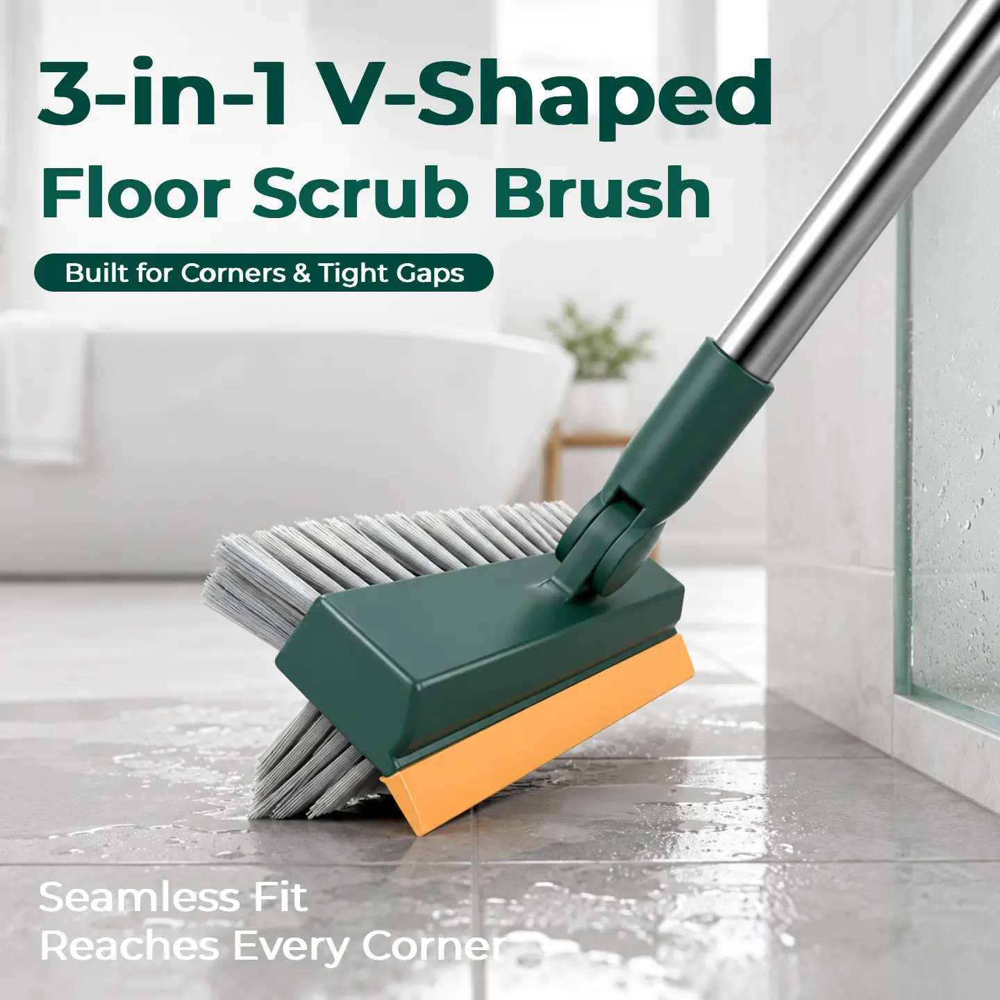 3-in-1 Floor Scrub Brush Broom with 52.3" Long Handle,Squeegee and Heavy-Duty Stiff Bristle for Cleaning Tub Bathroom Tile Wall Patio Garage Kitchen home kit hard-to-reach corner