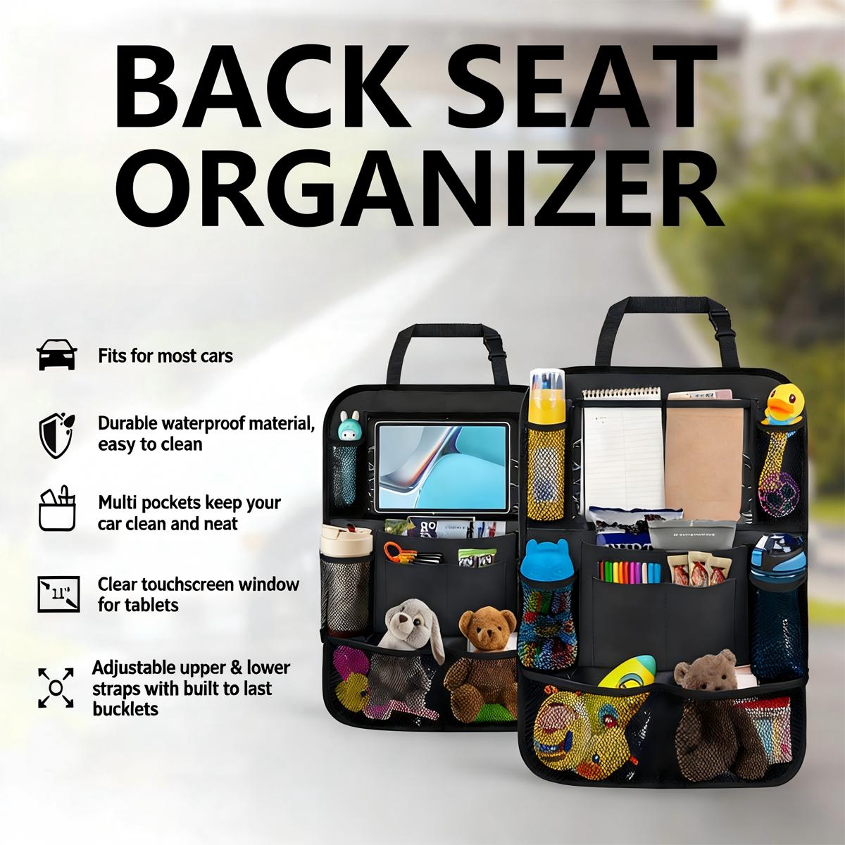 16*24in Car Backseat Organizer with 10" Tablet Holder, 9 Storage Pockets & Kick Mats – Durable Waterproof Car Seat Back Protector for Kids & Toddlers, Essential Travel Accessory to Keep Your Vehicle Tidy decor Foldable Multi-Compartment Trunk Multiple SUV