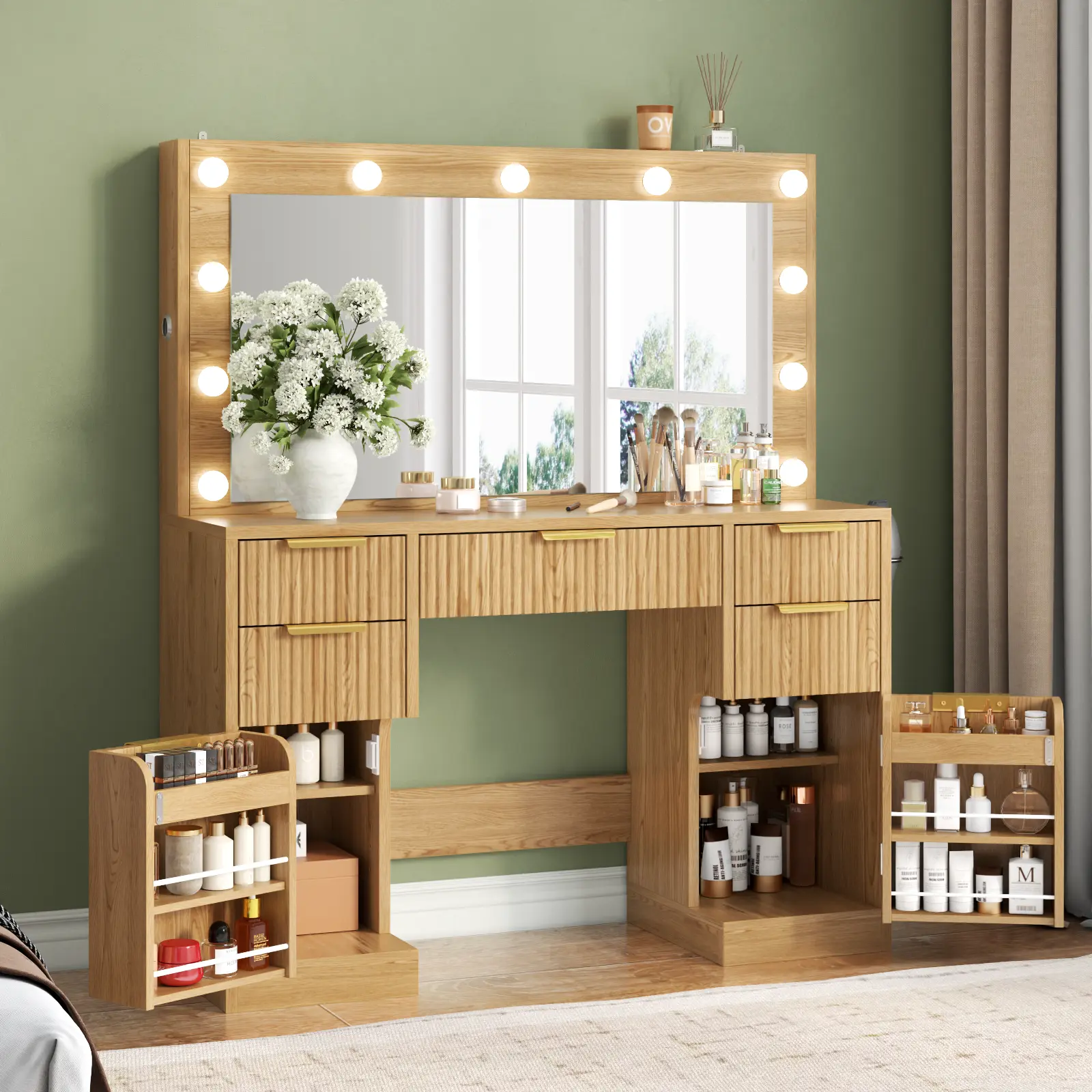 Gyfimoie Large Fluted Vanity Desk with Mirror,11 LED Lights & Power Outlet,Makeup Vanity Table with 2 Hidden Storage Shelf,Vanity Table, Modern Dressing Table with 5 Drawers & 2 Cabinets