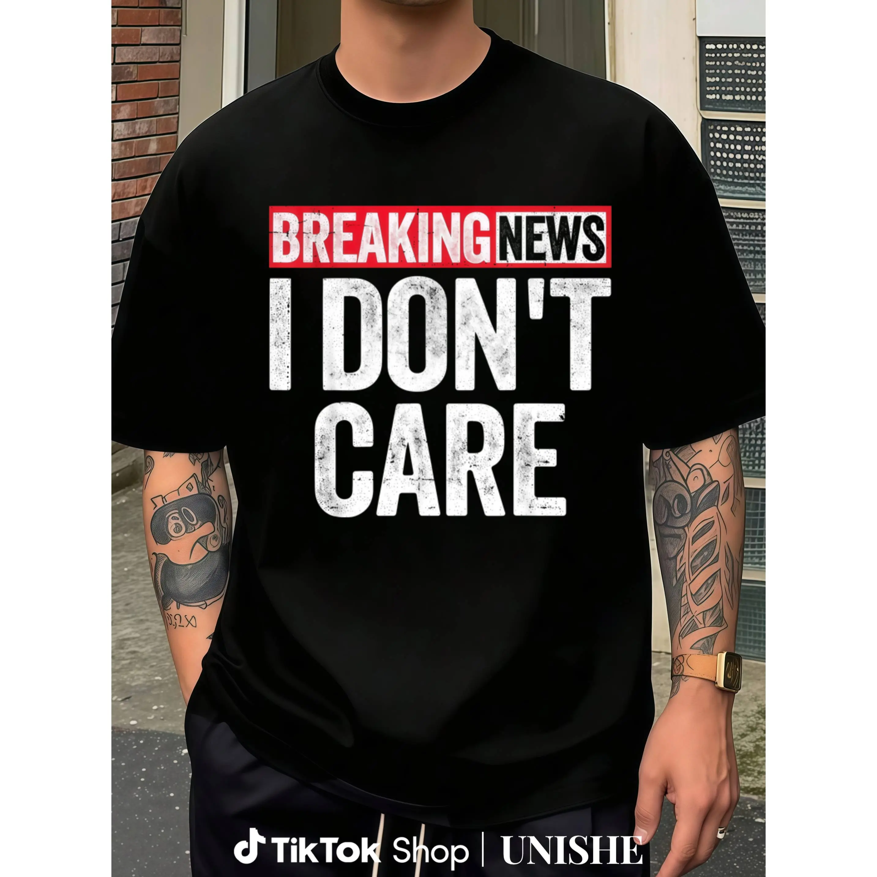 Unisex Casual Printed Short Sleeve Sports Top - Humor Graphic Tee "Breaking News I Don't Care", Digitally Printed All-Seasons Sportswear for Outdoor Activities, Sporty Chic, Casual Fitness Wear, Digital Print