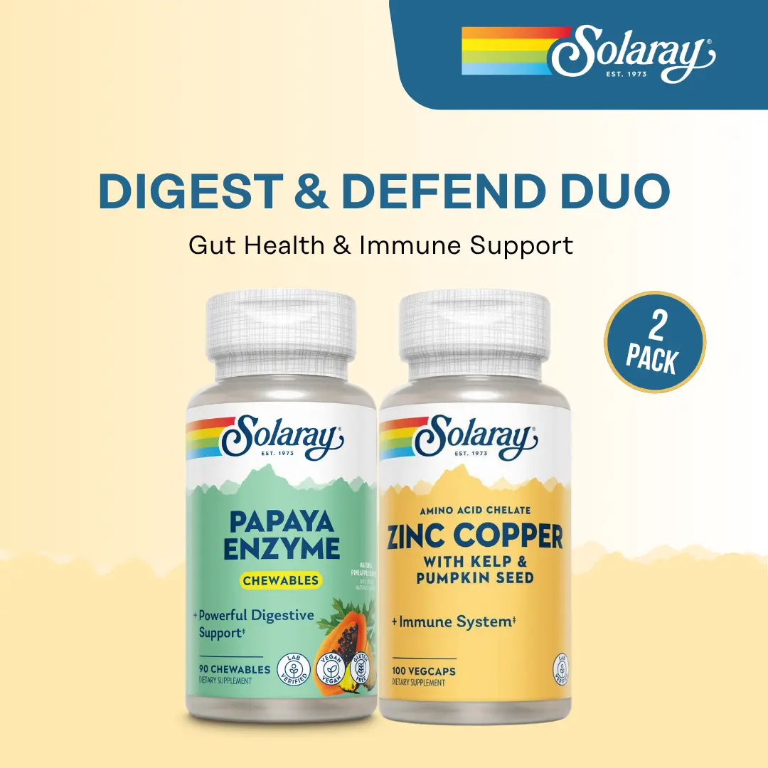 Solaray Digest & Defend Duo — Papaya Enzyme Chewables + Zinc Copper VegCaps — Daily Gut & Immunity Routine