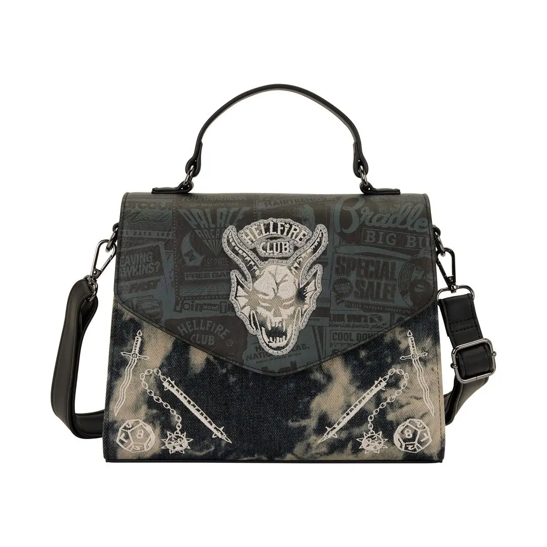 Loungefly Netflix Stranger Things Women's Hellfire Club Crossbody Purse, Faux Leather & Denim Bag with Embroidered Details, Adjustable Crossbody, Casual Shoulder Sling, Zipper, Embroidery, Graphic, Gunmetal, Lightweight, D&D Weapons, D20 Dice