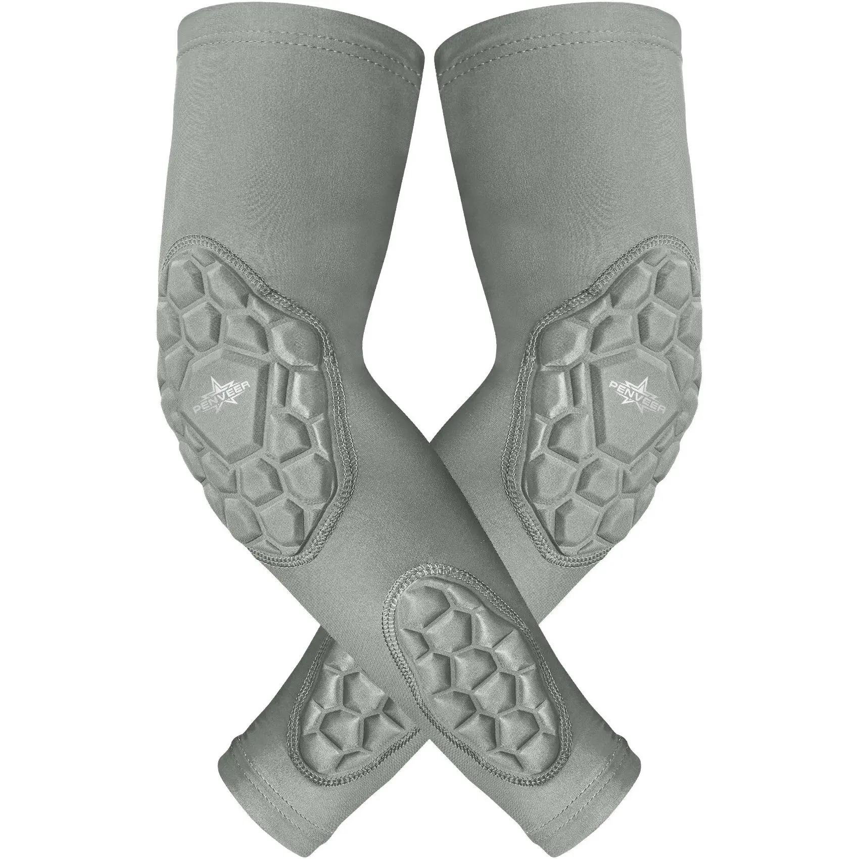Penveer Protective Compression Padded Arm Sleeves - Youth & Adult Elbow, Forearm Support, Breathable Football Sleeves (Grey), Protective Sleeves