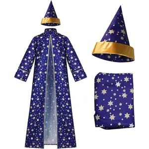 Adults Wizard Cloak Magic Costume with Star Moon Magician Wizard Cosplay Costume for Halloween Party