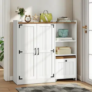 HOOBRO Shoe Cabinet with Entryway Bench, 44.1-Inch Shoe Storage Organizer with Adjustable Shelves, Doors, and Lockable Casters, for Hallway, Entryway, Living Room, Bedroom, White and Walnut #SpringSale #BigSpringSale