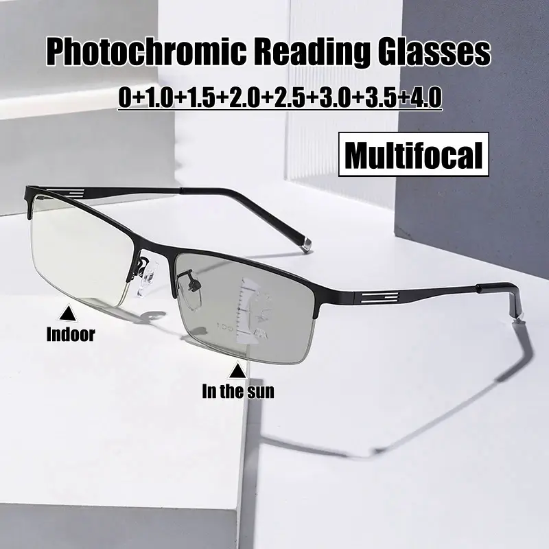 Men Business Multifocal Reading Glasses Outdoor Photochromic Sunglasses Anti-blue Light Far Sight Eyewear Prescription+1.5+2.0
