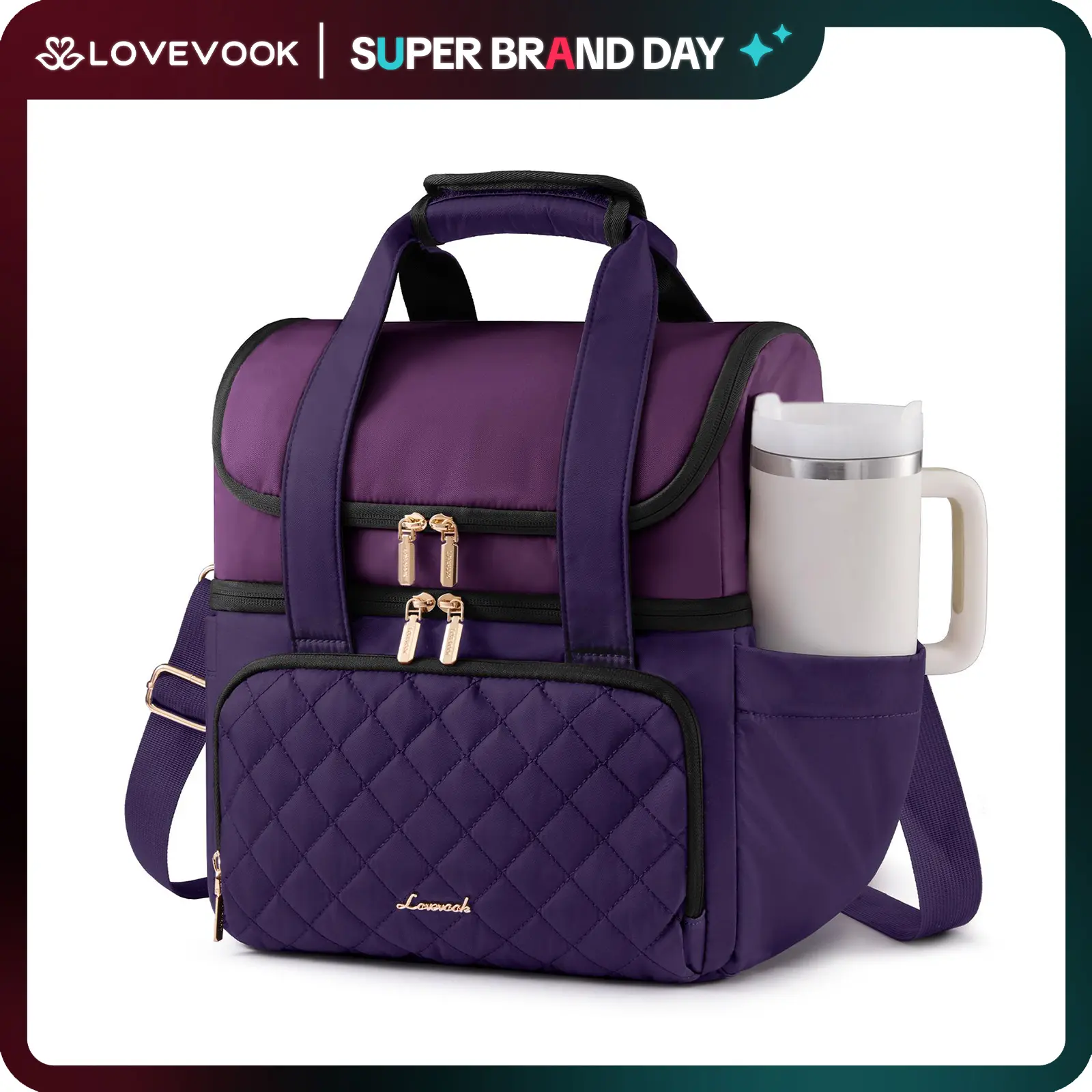 LOVEVOOK Insulated Lunch Bag For Women,Large Double Deck Adult Lunch Box,Teacher Lunch Tote Bag With Cup Holder,Leakproof Cooler Bag With Adjustable Shoulder Strap For Work Picnic Beach,Larger 15L