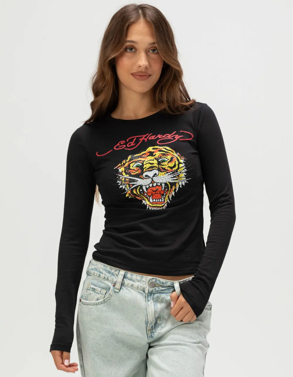 ED HARDY Tiger Head Womens Long Sleeve Baby Tee