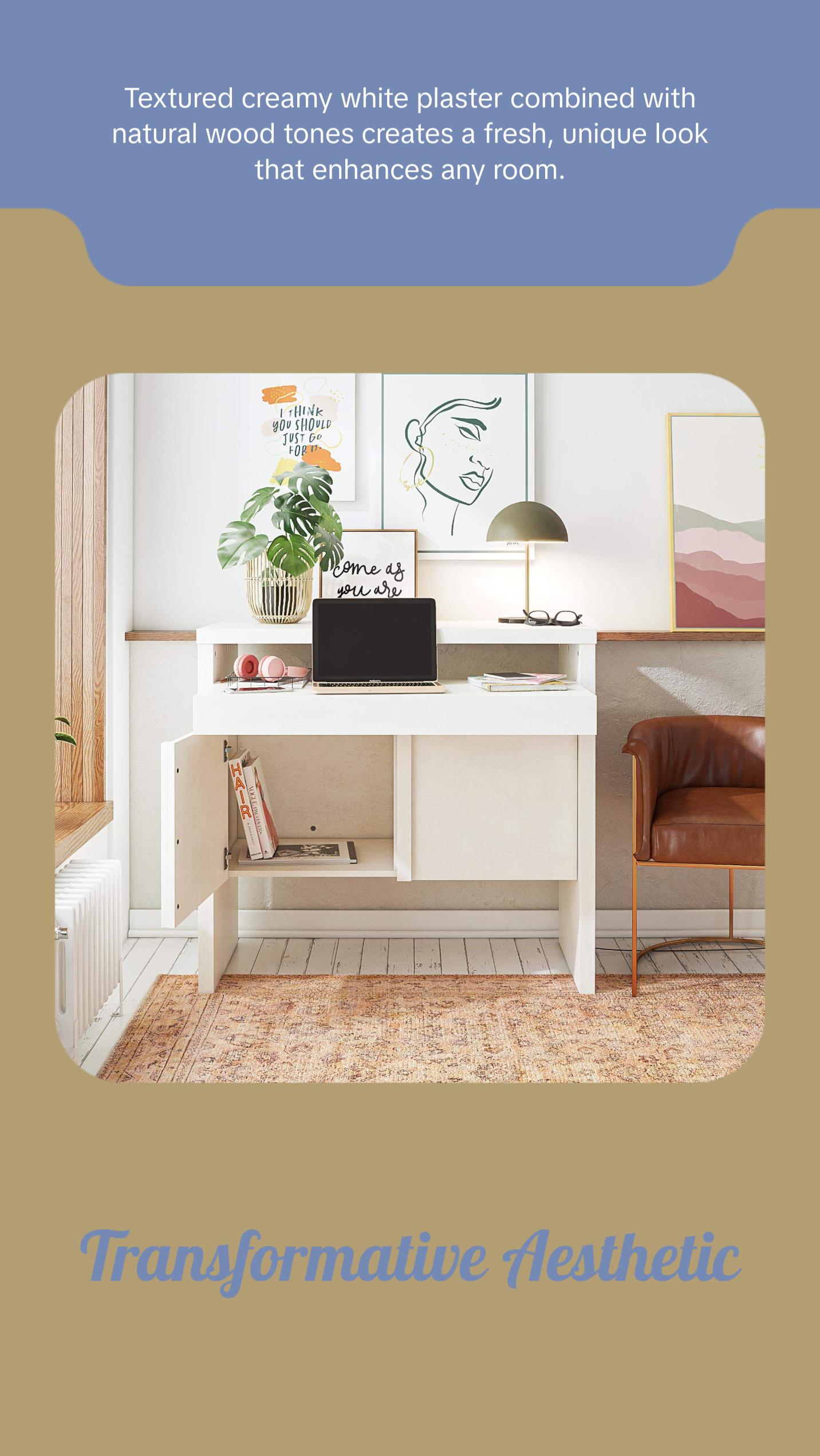 Neely Slide Out Desk by Mr. Kate - Textured White Plaster and Natural Wood Tones - Multipurpose Slide-Out Desktop and Hidden Storage