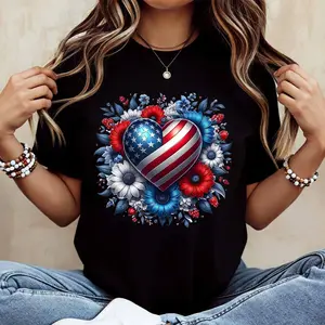 Women Casual Short Sleeve T-Shirt American Flag Heart Floral Print Independence Day Patriotic Celebration Summer Wear