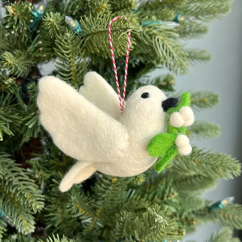 Dove with Olive Branch Ornament - Handmade Felt Wool Fair Trade Christmas Decor