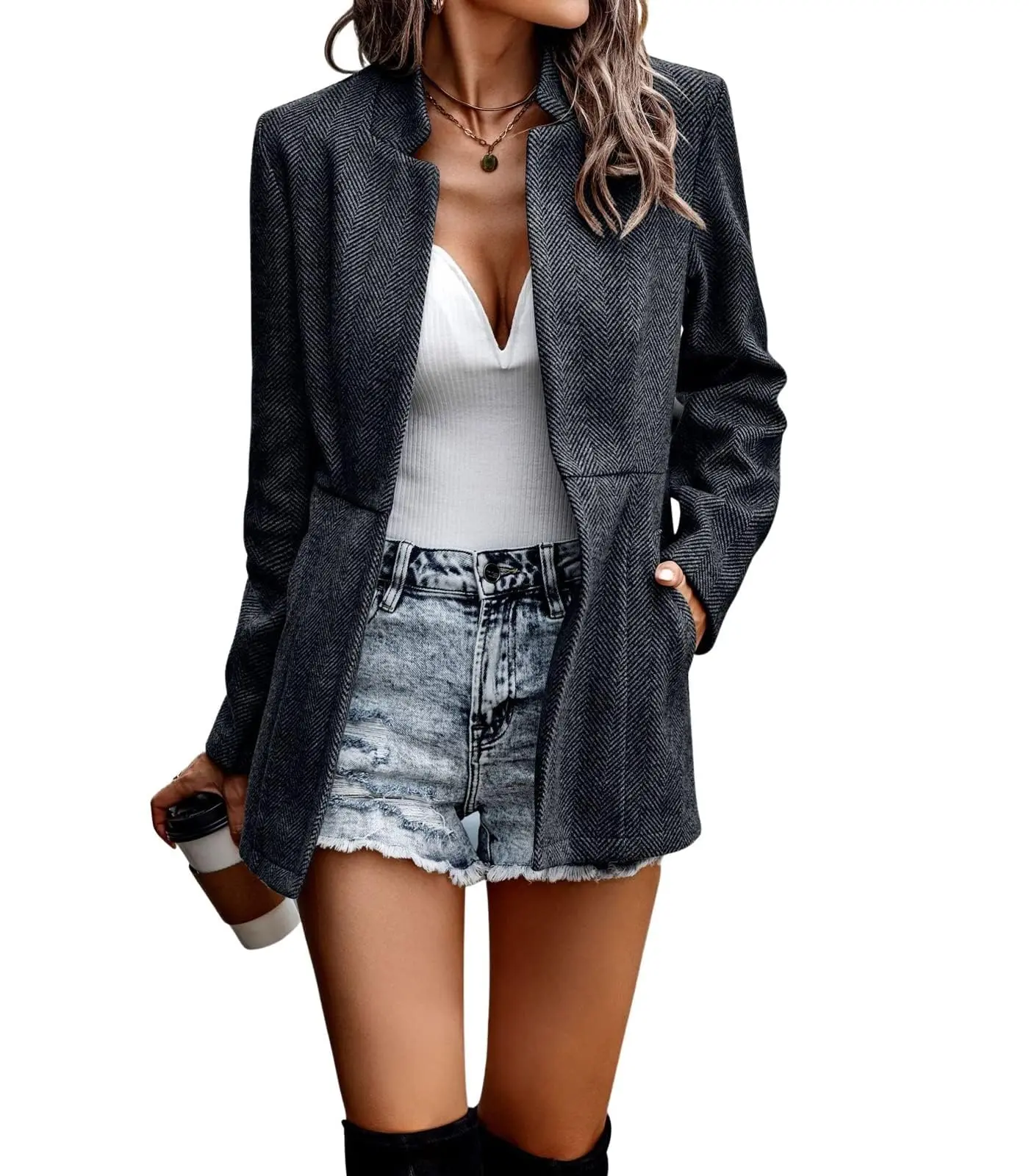 utcoco Women's Trendy Herringbone Blazer Jacket - Long Sleeve Slim Fit, Notch Lapel, Open Front, 2 Side Entry Pockets, Light Soft Sweater Coat, Office Work Outerwear for Office Polish & Casual Wear, Pocket Convenience, Easy to Layer, Machine Wash, XS