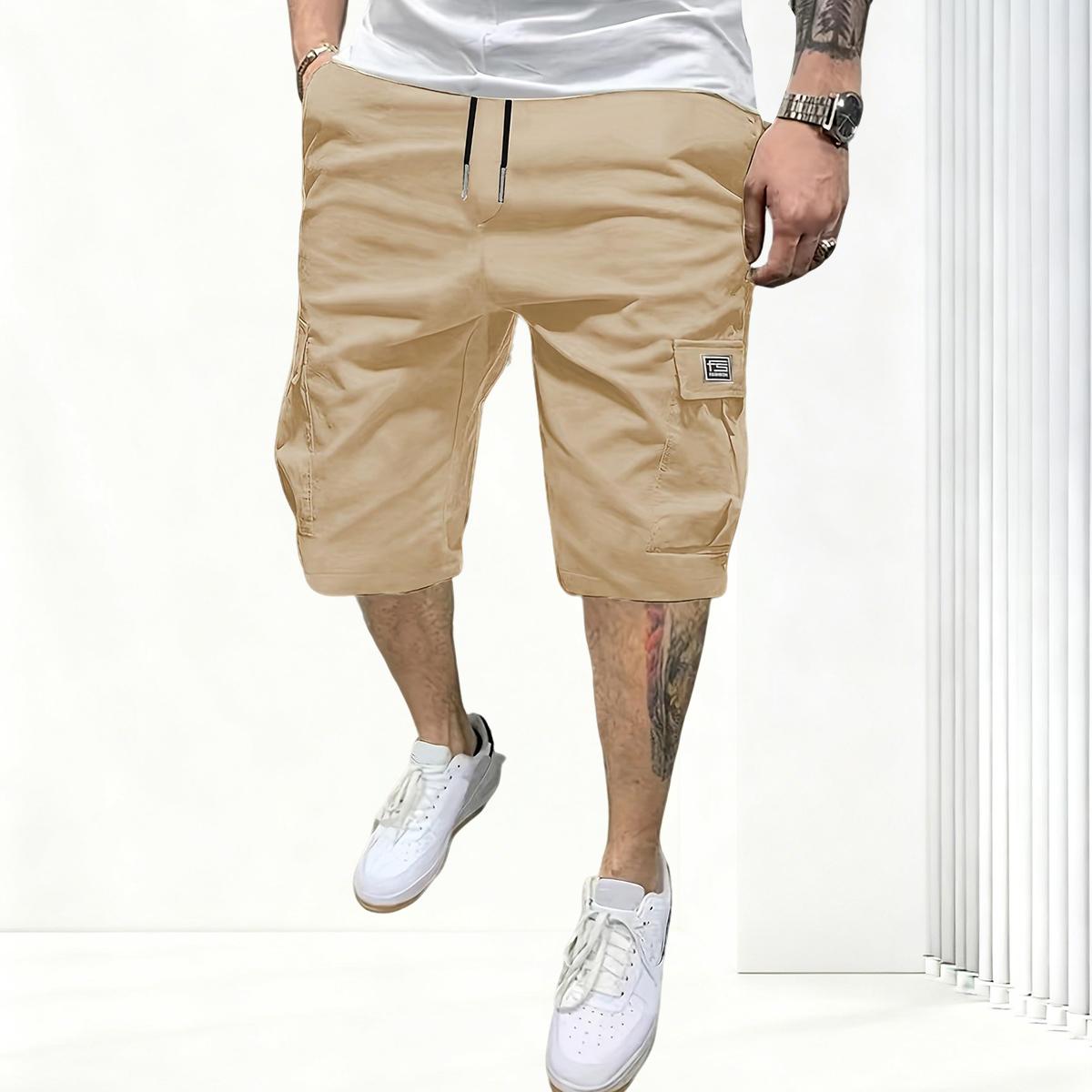 Men’s casual cargo shorts with a drawstring, designed for outdoor work and featuring multiple pockets; non-stretch cargo shorts.