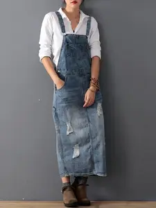 Midiross Ripped Denim Overall Dress