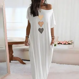 ChicMe Women's Heart Print Loose Maxi Dress Elegant Skew Neck Short Sleeve Summer Dress with Pockets Casual Oversized Loungewear Long Dress