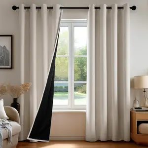 Deconovo 100% Blackout Curtains Linen Curtain Boho Window Drapes Room Darkening Grommet Thermal Insulated with Black Liner for Bedroom Living Room, 2 Panel Set