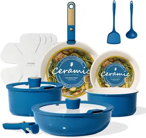 CAROTE 15Pcs Ceramic Cookware Set, Pots and Pans Set Non stick, Non Toxic Cookware Detachable Handle, Induction Cookware, Dishwasher/Oven Safe, RV/Camping, PFAS Free, Blue&Gold