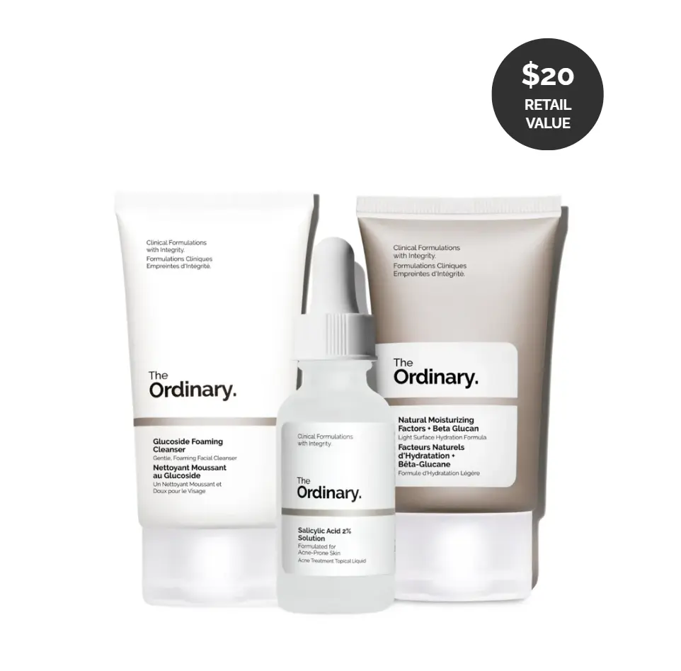 The Ordinary The Acne Set, 3-Step Skin Regimen with Glucoside Foaming Cleanser, Salicylic Acid 2% Solution, and Natural Moisturizing Factors + Beta Glucan | Skin Care Set