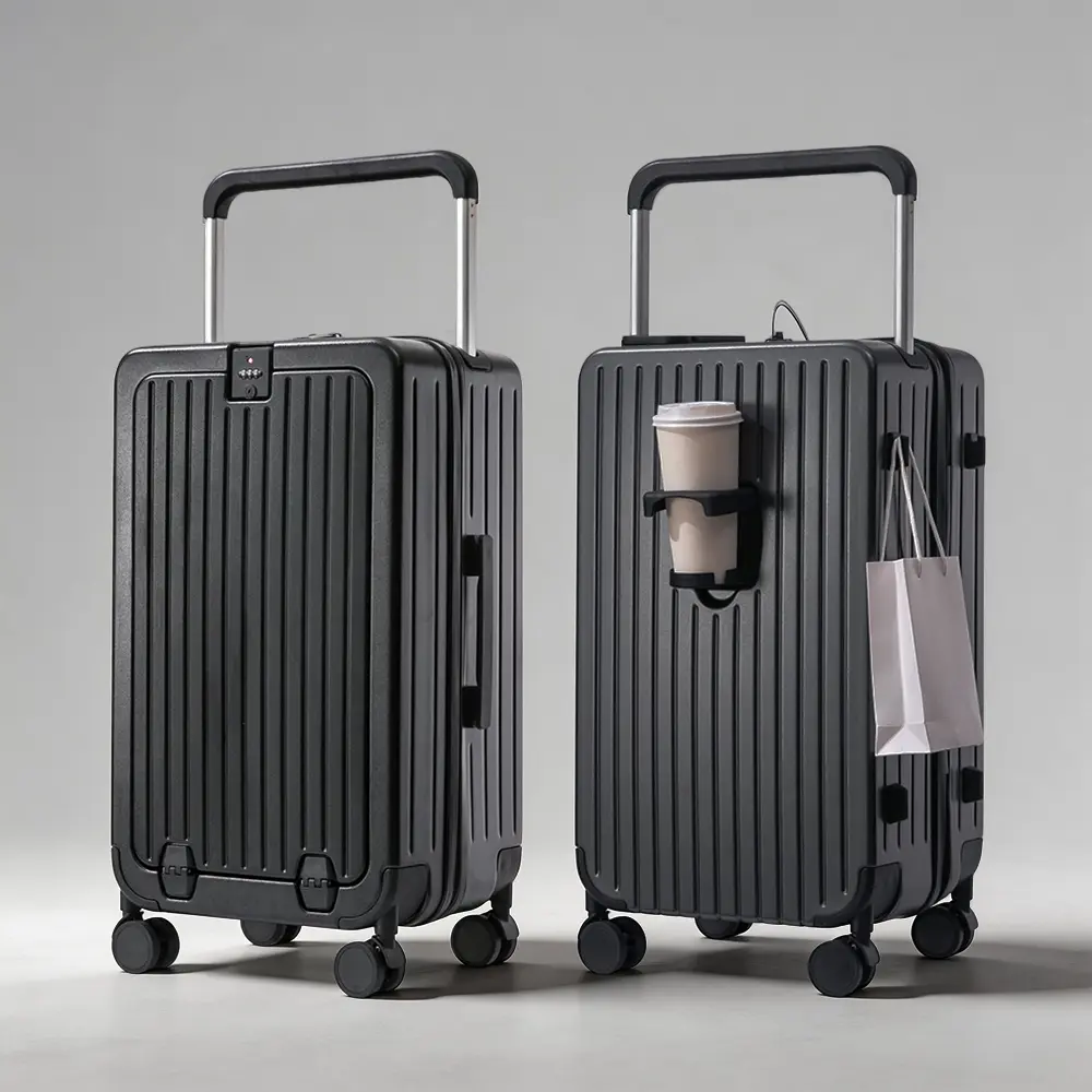 Hard Shell Carry On Luggage, Lightweight Rolling Suitcase with Front-Opening Design, 360° Spinner Wheels, USB Port, Cup Holder & Built-in Lock for Travel, Lightweight Rolling Luggage, 360° Rotation Checked Luggage