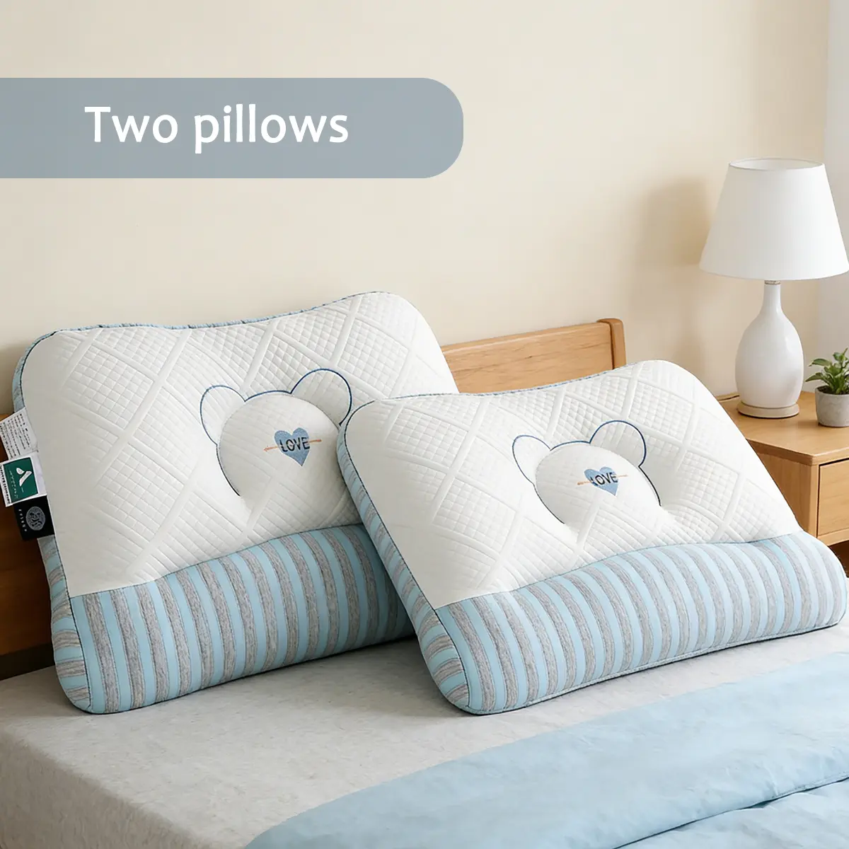 2-Pack Blue & Gray Striped Polyester Neck Support Pillows - Fluffy, Ergonomic, Durable, Hand Wash Only for Cozy Sleep