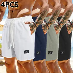 Pack of 4 corduroy shorts, solid color, men’s casual shorts with side pockets and a drawstring elastic waistband, suitable for everyday wear and vacations, beige, men’s shorts