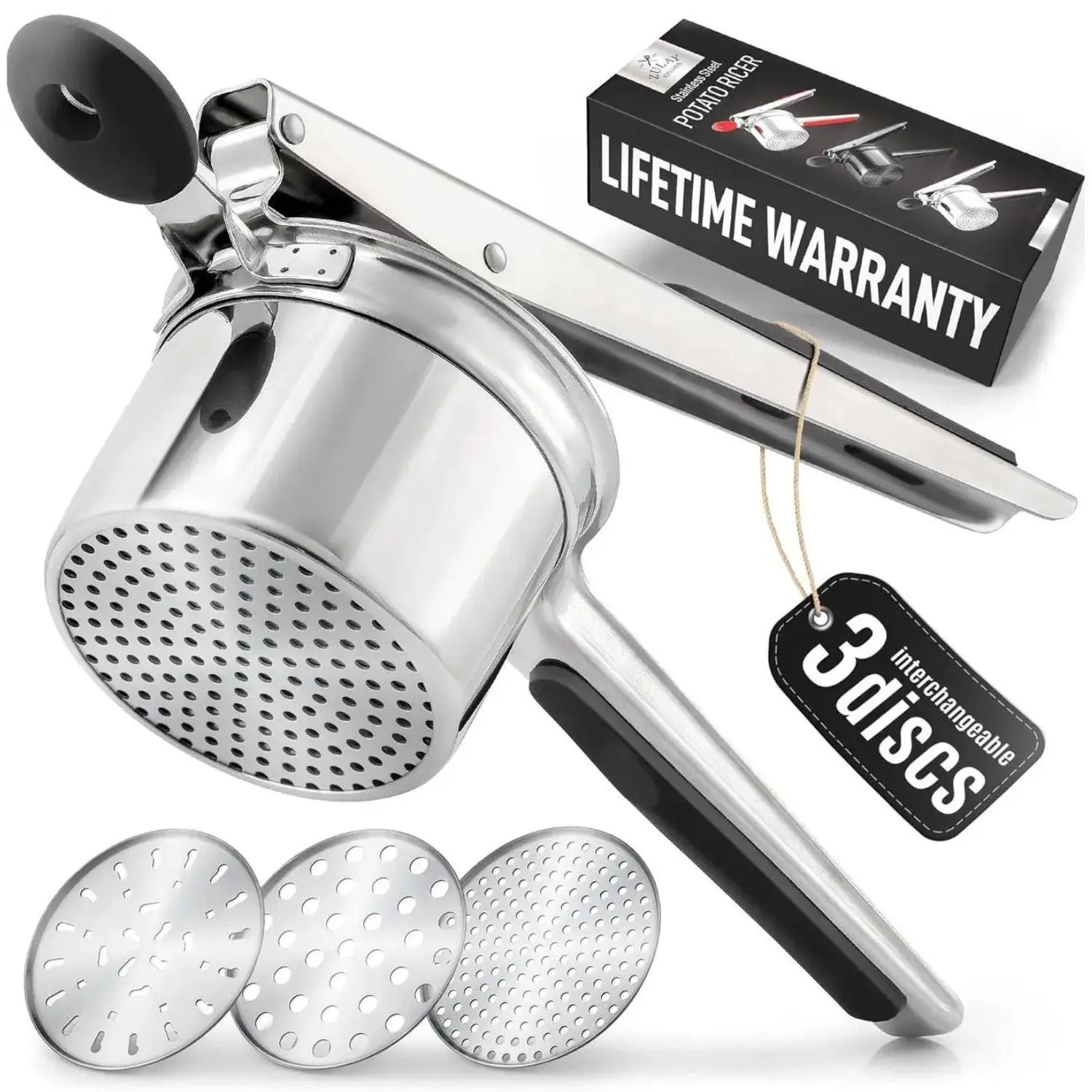 Potato Ricer with 3 Discs - 13.5oz Stainless Steel Masher with Silicone Handles for Smooth Fruits & Veggies, Easy-Grip Kitchen Gadget