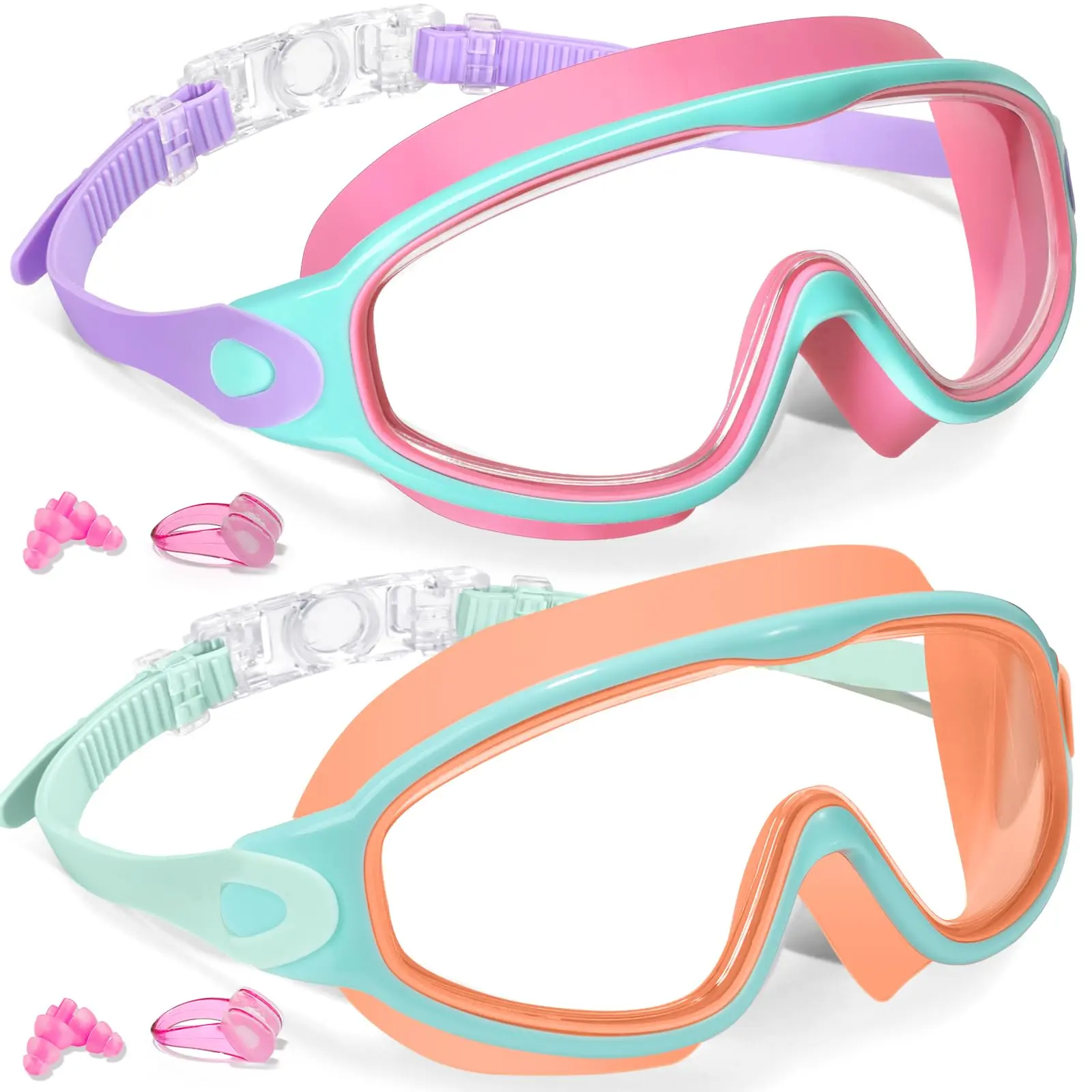Swim Goggles 2 Pack, Adults Kids Goggles with Earplugs& Nose Clip Wide View Anti-Fog/UV Swimming Goggles, Adjustable Straps for Age 3-15 Boys Girls, Men Women summerwins