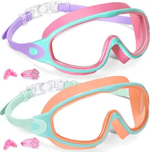 Swim Goggles 2 Pack, Adults Kids Goggles with Earplugs& Nose Clip Wide View Anti-Fog/UV Swimming Goggles, Adjustable Straps for Age 3-15 Boys Girls, Men Women