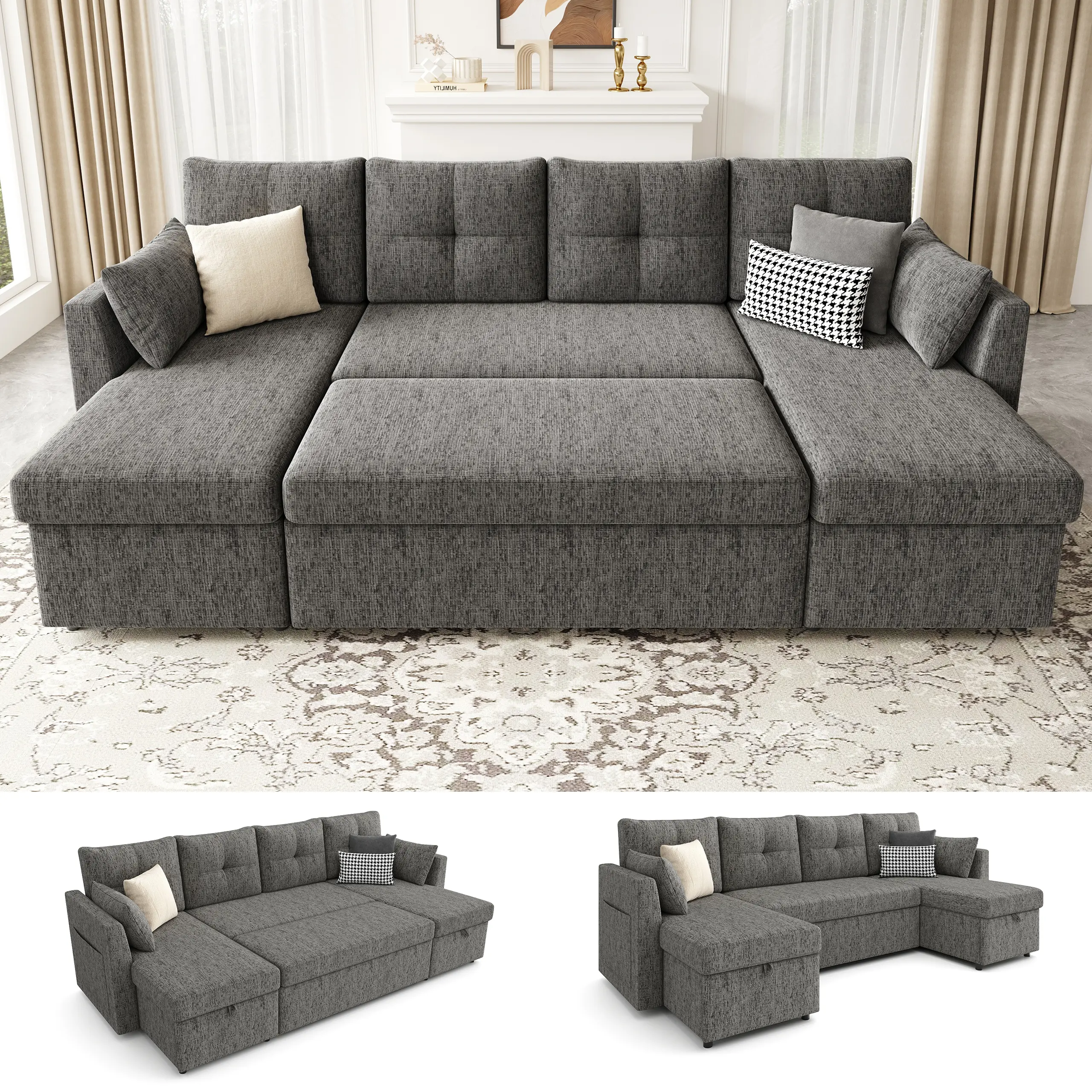 【2-3 Packages】 Oversized Sleeper Sofa Couch, 106 inch 2 in 1 Pullout Couch Bed with Double Storage Chaise, Sectional Sleeper Sofa Bed with Side Pocket for Living Room#daybed