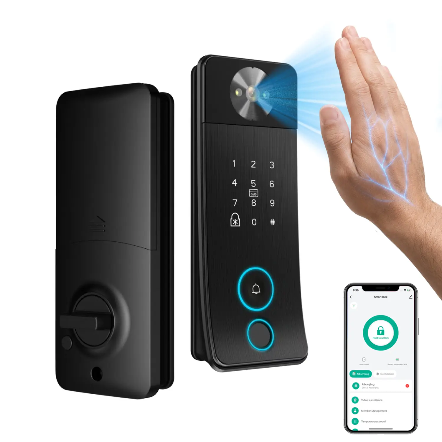 Palm Print Front Door Smart Deadbolt Lock Biometric Face Fingerprint Access 2K 180 Degree Wide Angle Camera App Keyless Entry for Home Vacation Rental garage Control