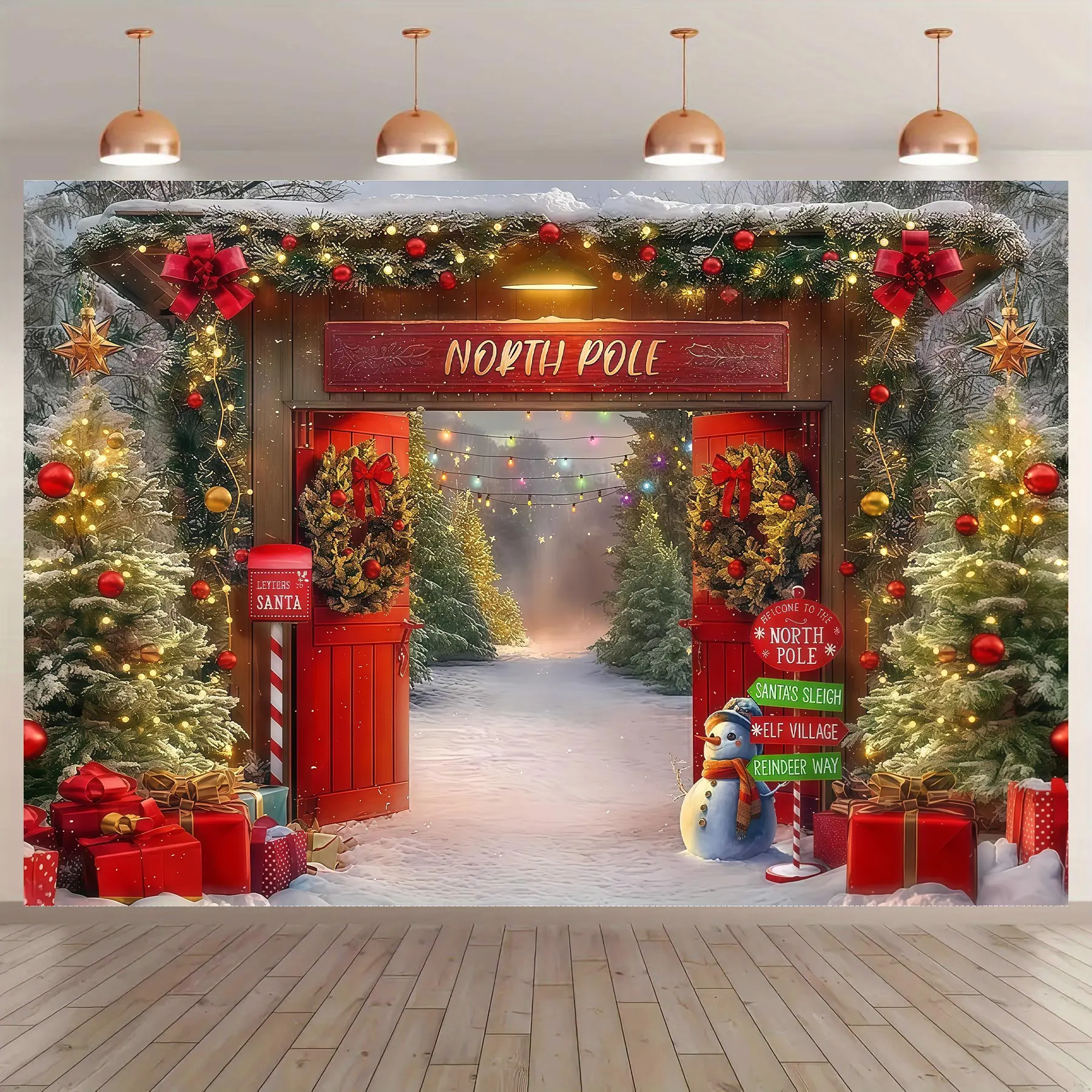 Large Christmas Backdrop Banner Set - Magical Santa's Home Winter Wonderland Design with Snowy Pathways, Decorated Trees, Red Doors - Wrinkle-Free Polyester Photo Background, Machine Washable Home & Festive Party Supply,summerwins, Baby Shower, Bonfire, C