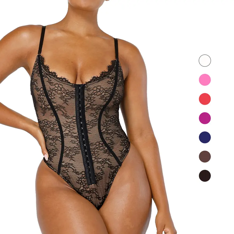 Shapellx Lace Glamour Thong Hourglass Bodysuit Tummy bridle Front Button Design Tops Comfort Shapewear for Women Sleeveless Skinny Slim Womenswear