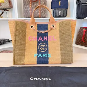 Pre-owned CHANEL Raffia Shoulder Bags Straw Calfskin Striped Medium Deauville Tote Khaki Beige Navy Blue