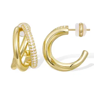 KissYan  Hoop Earrings for Women, 14K Gold Plated Cubic Zirconia Triple Open Hoops C Shape Wrap Earrings Trendy Jewelry Gifts
