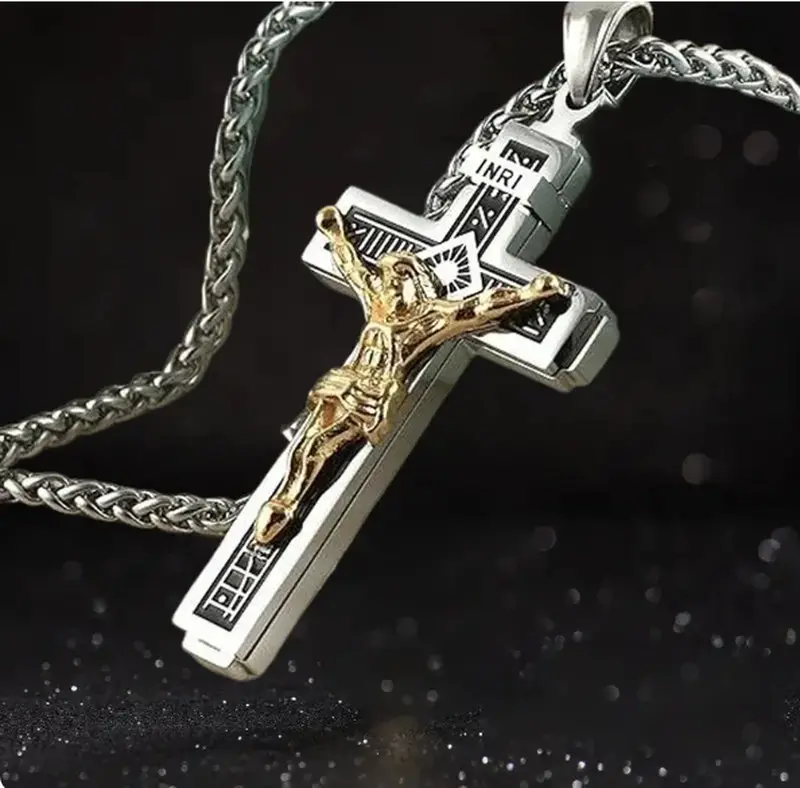 Men's Male Stainless Steel Crucifix Necklace - Engraved Cross Pendant, Simple Faith Christian Religious Fashion Costume Jewelry Accessory for Daily Wear, Gifting