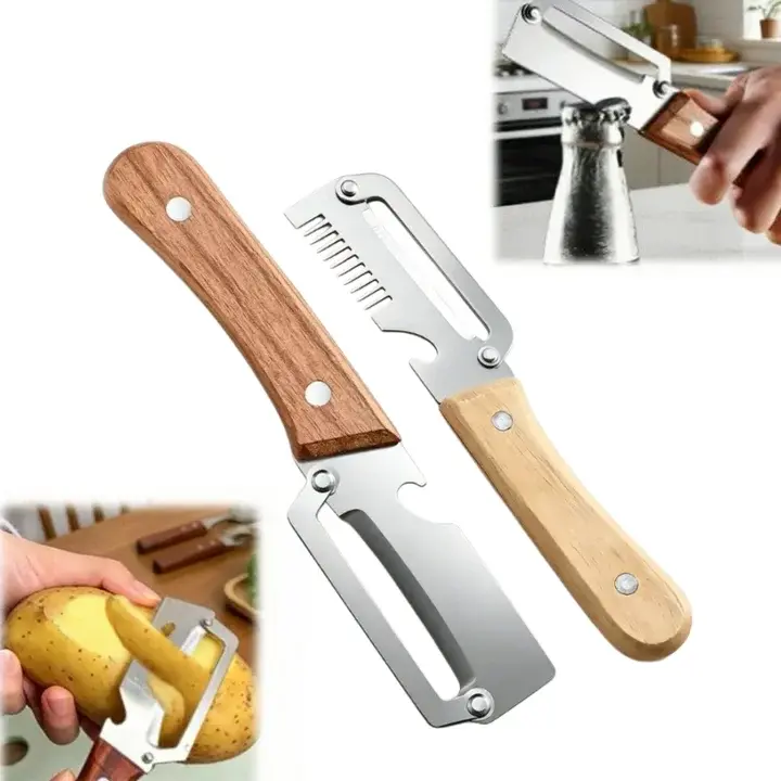 2-Pack Multi-Functional Household Peelers – Premium Stainless Steel Blade, Comfortable Wooden Handle Grip, Bottle Open Ready, Julienne Shred Cutter, Vegetable Grater Kitchen Utensil for Fruits & Veggies (2-Pack Value Fruit Peelers)