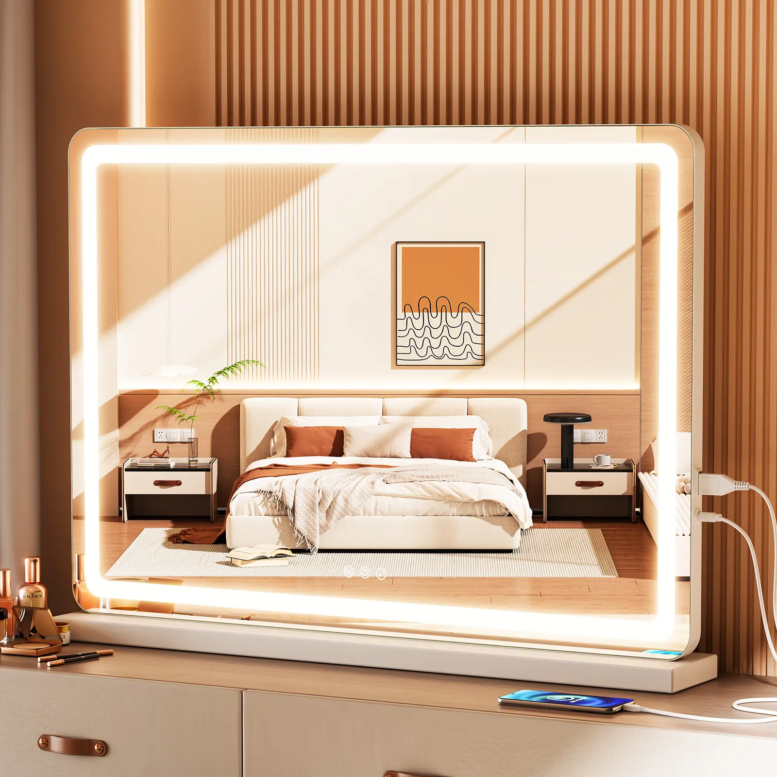 LED Makeup Mirror with 3-Mode Lighting Touch Screen Control 10x Magnification Detachable Base USB Charging Port Hollywood Glam Vanity Mirror