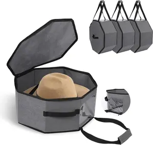 3-Pack Grey Collapsible Hat Storage Boxes with Handles and Shoulder Strap – Large Dustproof Organizer for Cowboy, Fedora & Sun Hats – Portable Travel and Home Storage, 42×42×19cm, Grey