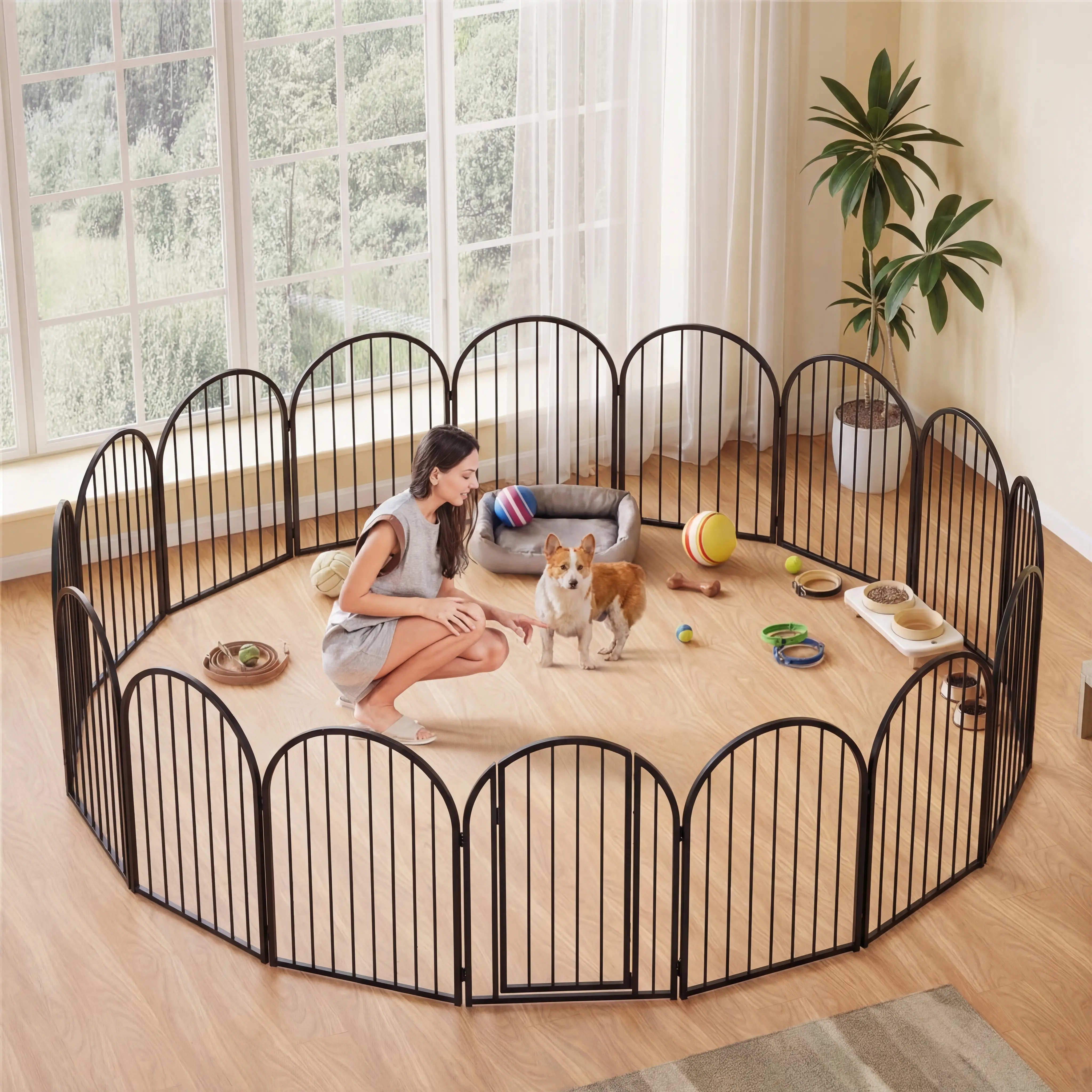 【Summervibes】Pet Gate with Access Door and Latch - Metal Folding Dog Fence, Adjustable from 36 to 108 Inches, Indoor & Outdoor Use, Non-Slip, Safe & Durable, Ideal for Small to Large Dogs, Easy to Assemble, Pet Barrier for Home and Yard summerwins