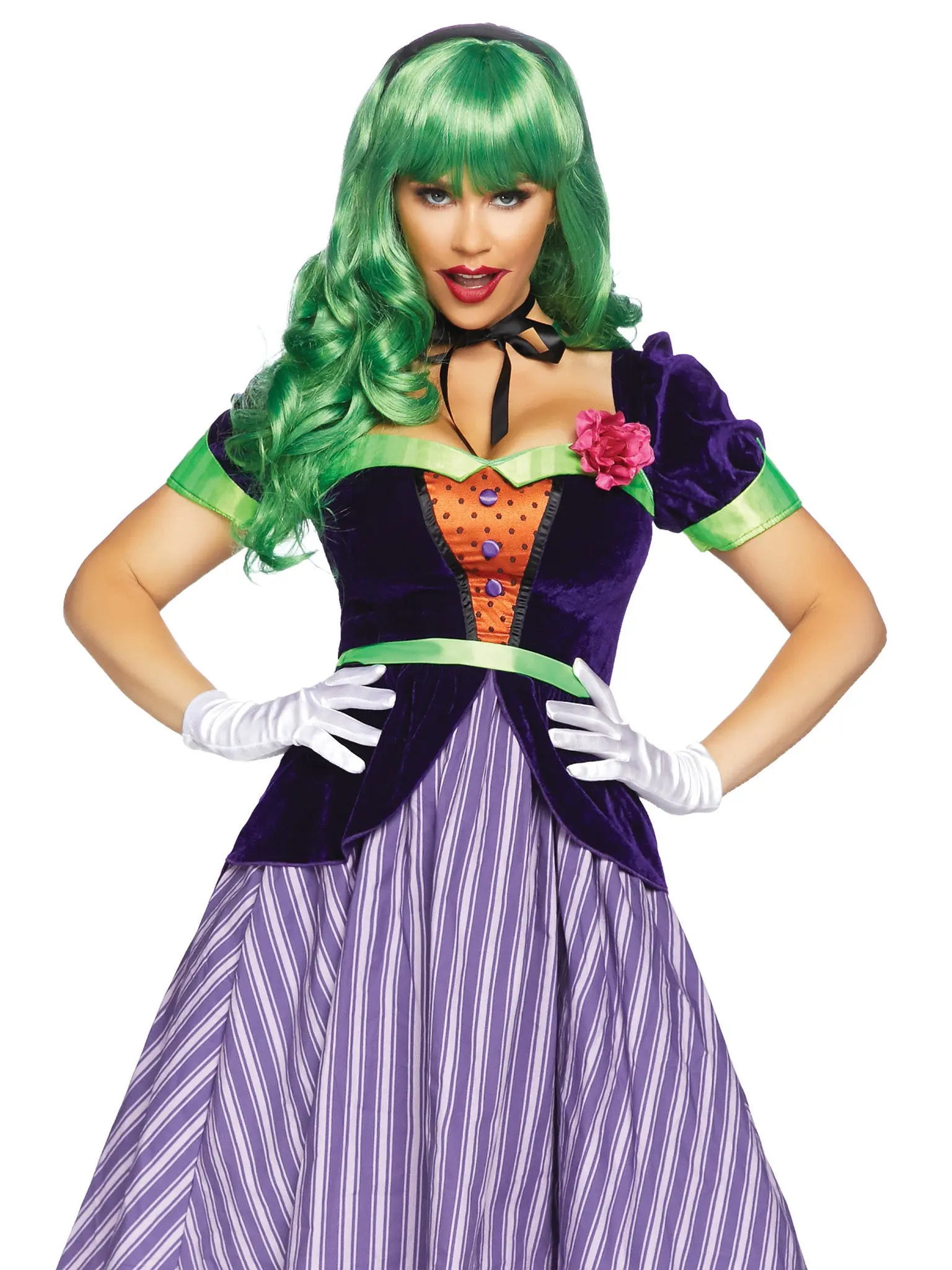 Women's Villain Costume Set, 2-Piece Joker Inspired Velvet Coat Dress with Striped Skirt, Lapel Flower and Ribbon Neck Tie for Comic Cosplay & Halloween, Clothes, Clown, Accessories, Belt, Fit, Sweetheart Cut, Tea-Length, Waist-Defining, Hand Wash, Villai
