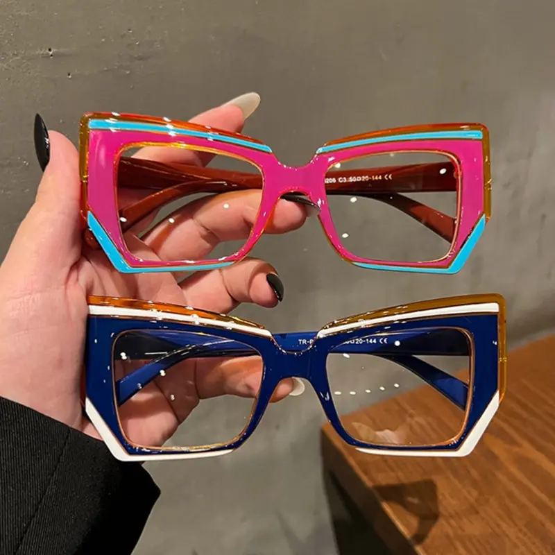 Plastic Non-Prescription Fashion Eyeglasses, 2-Piece French Oil Painting Style Cat Eye Frames with Flat Mirror Glass Design, Blue Light Blocking Lenses, Large Square Minimalist Artistic Eyewear for Cross-Border Sales, Plastic Non-Prescription Glasses