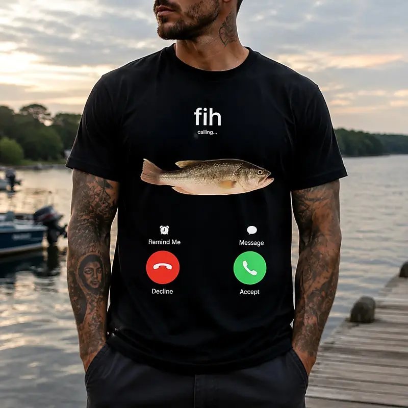 Men Funny Fishing Graphic T Shirt Fih Calling Fish Print Casual Cotton Short Sleeve Tee For Men Back To School September Halloween Gift For Men Birthday Gift