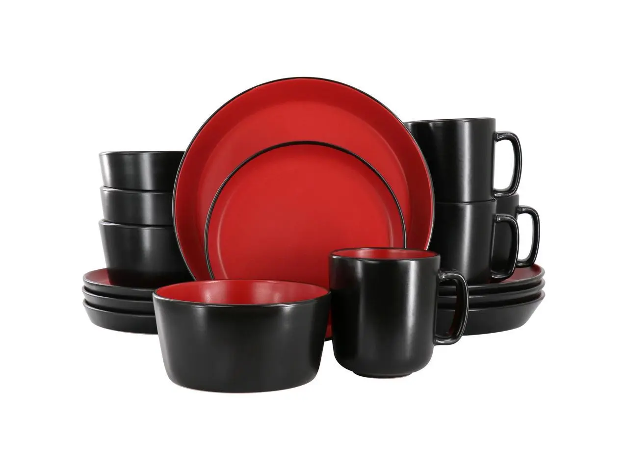 Elama Bacarra 16 Piece Stoneware Dinnerware Set in Two Tone Black and Red
