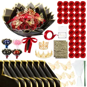 24/36 Pcs Valentine Gift Glitter Roses Bouquet Set DIY Fake Flowers Bouquet with 3D Butterflies Crowns Alphabet Stickers & Ribbons for Girlfriend Wife Mom Friend Women Gift Perfect for Valentine's Day Birthday Engagement Wedding Anniversaries Graduation