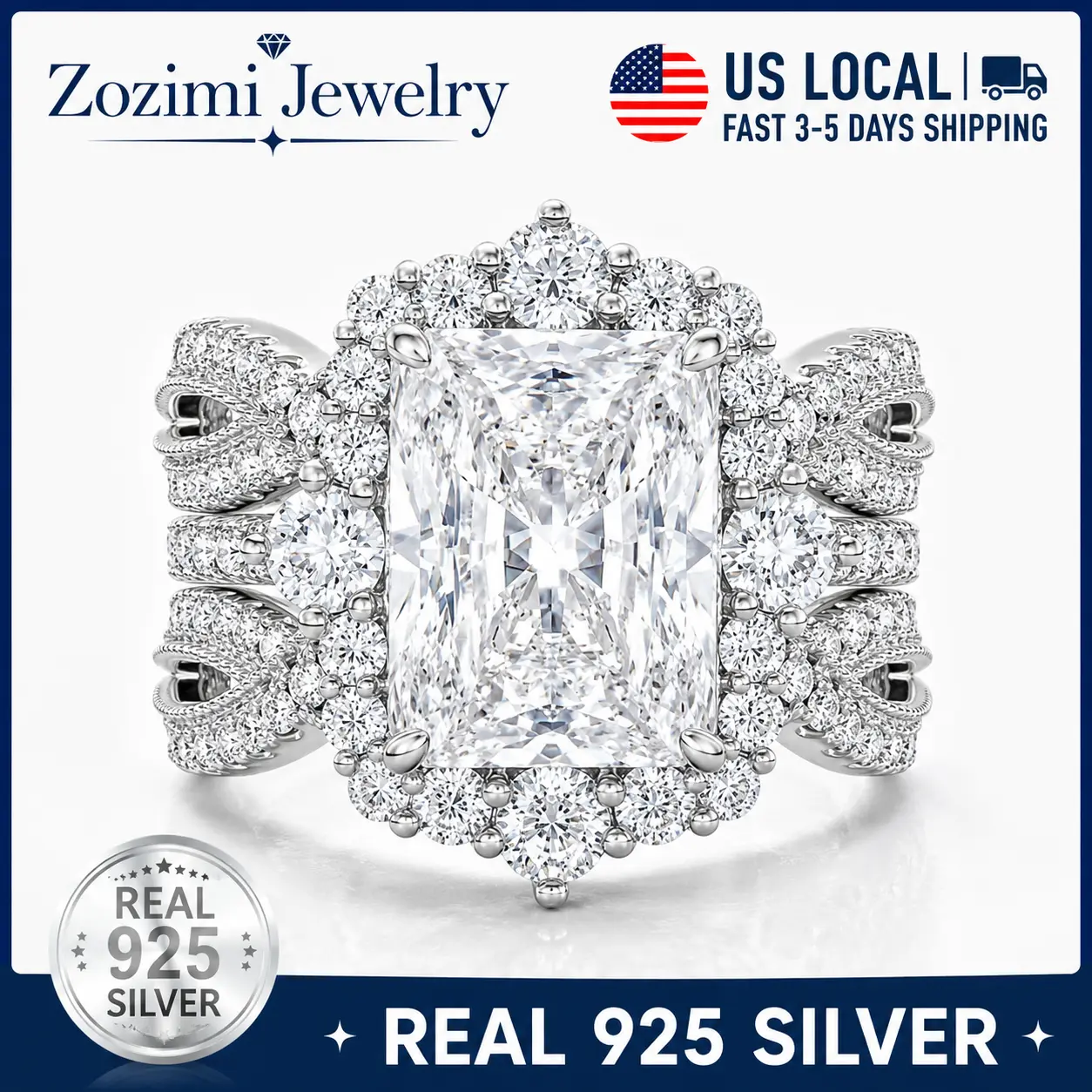 S925 Sterling Silver 5.2CT Radiant Cut Engagement Ring Set for Women, Luxury 5A Cubic Zirconia Halo Bridal Wedding Ring Set Jewelry, Perfect for traveling and daily wearing, Engagement Rings, Rings For Women