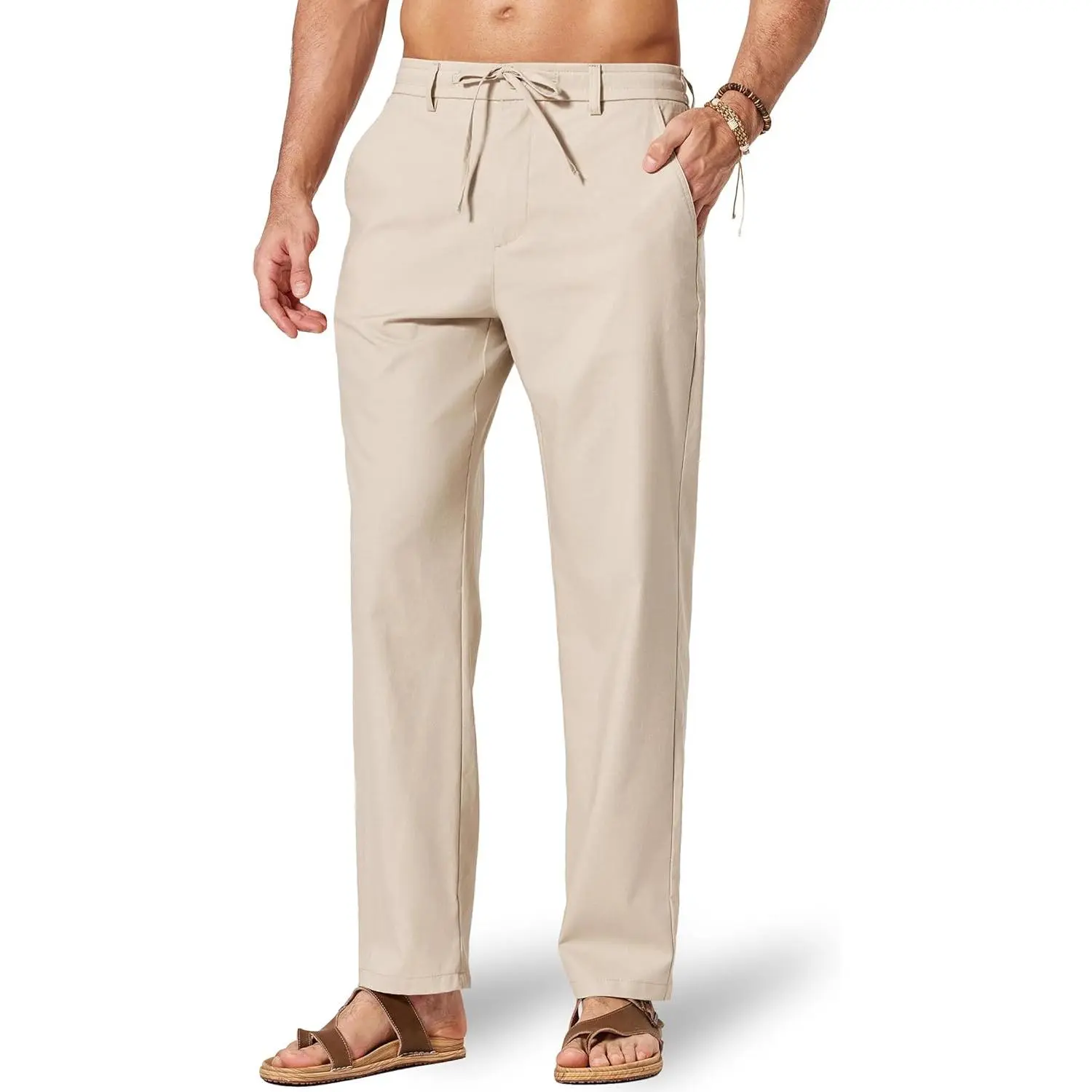 Men's Casual Cotton Linen Pants, Lightweight Straight-Leg Trousers with an Elastic Drawstring Waist for Summer Beach Vacation, Casual Men's Pants, Comfy Style Men's Pants